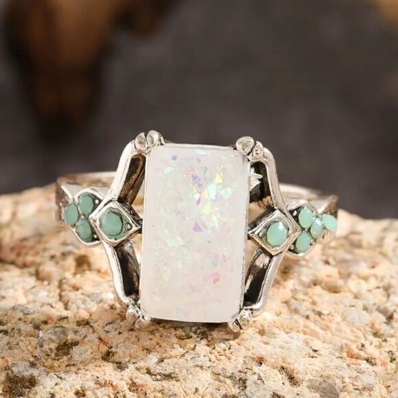 Rectangle White Lab Opal Antique Silvery Rings - Picture 5 of 12